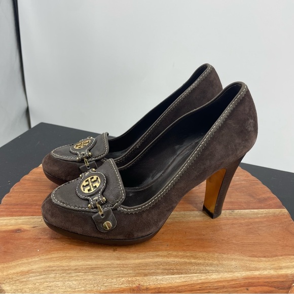 Tory Burch Brown Joan Loafer Suede heels Pumps 7.5 buckle loafers logo - Picture 3 of 9